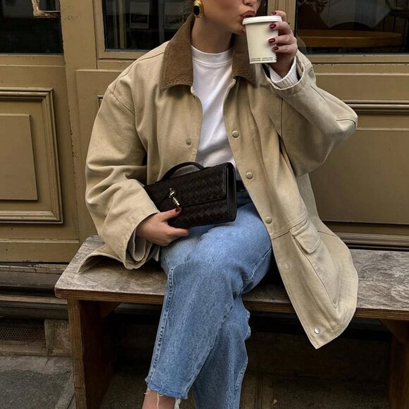 Khaki Casual Women's Loose  Corduroy ColorBlock Collar jacket - Picture 4 of 5